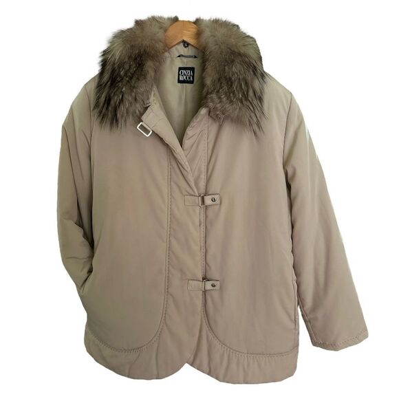 Cinzia Rocca Cream Color Winter Coat Jacket - Removable Fur Collar Size 18 - Picture 2 of 14